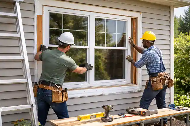 Contractors installing energy-efficient windows during home improvement project