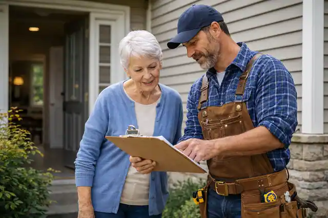 Senior homeowner discussing home repair plans with contractor