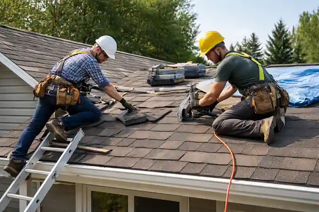Contractors repairing roof shingles during a residential roof repair project funded by grants